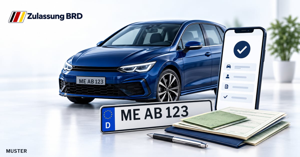 Online Fahrzeugzulassung in Ratingen: Musterkennzeichen ME AB 123, Auto und Fahrzeugpapiere und Smartphone. Illustration mit Logo von Zulassung BRD.